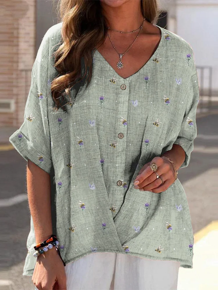 Thistle And Bumble Bee Simple Spring Pattern Printed Women's Casual Linen V-neck Shirt