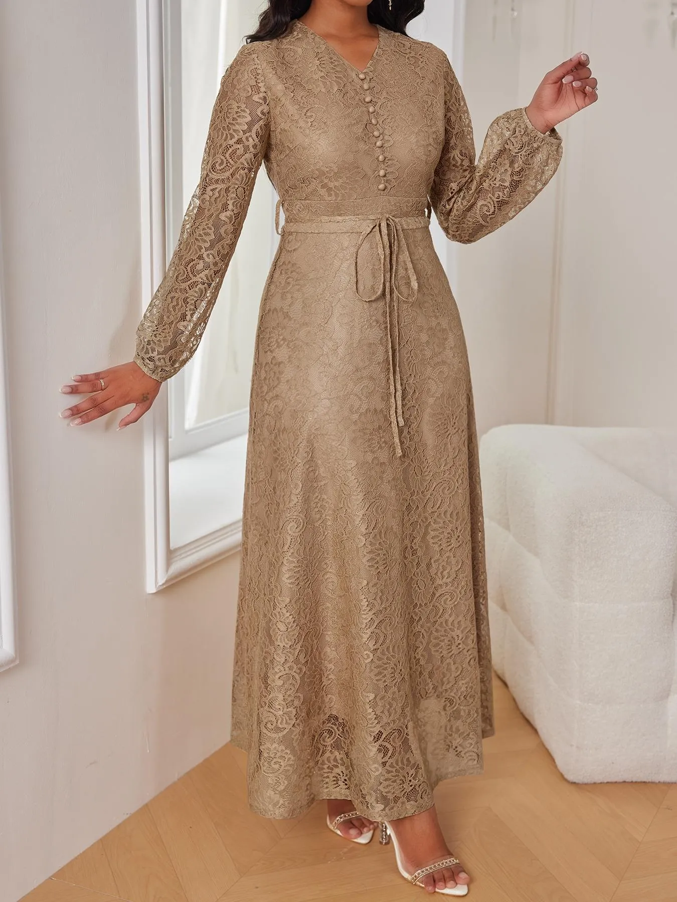 Women's Lace V-Neck Long Sleeve Dress, Elegant Chic Belted Waist, Slim Fit, Plain Color, Wedding Evening Formal Occasion, Spring & Fall