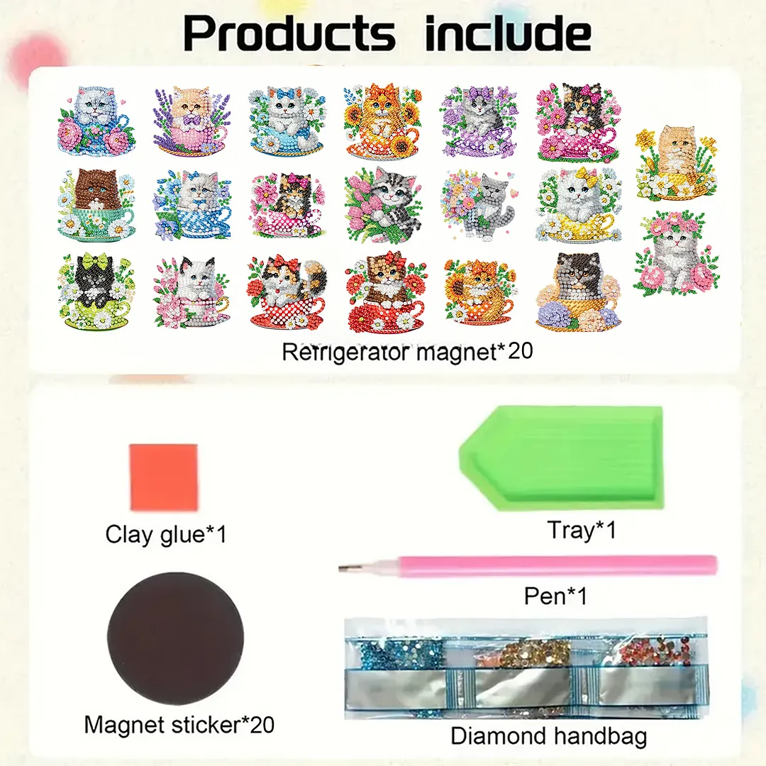 20Pcs Cat DIY Diamond Painting Magnets Kits for Beginners Adults DIY Crafts