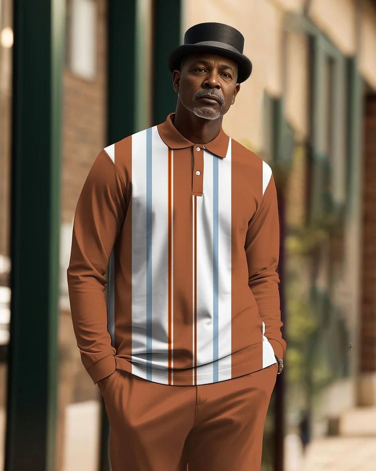 Men's Geometric Plaid Casual Colorblock POLO Shirt Trousers Set