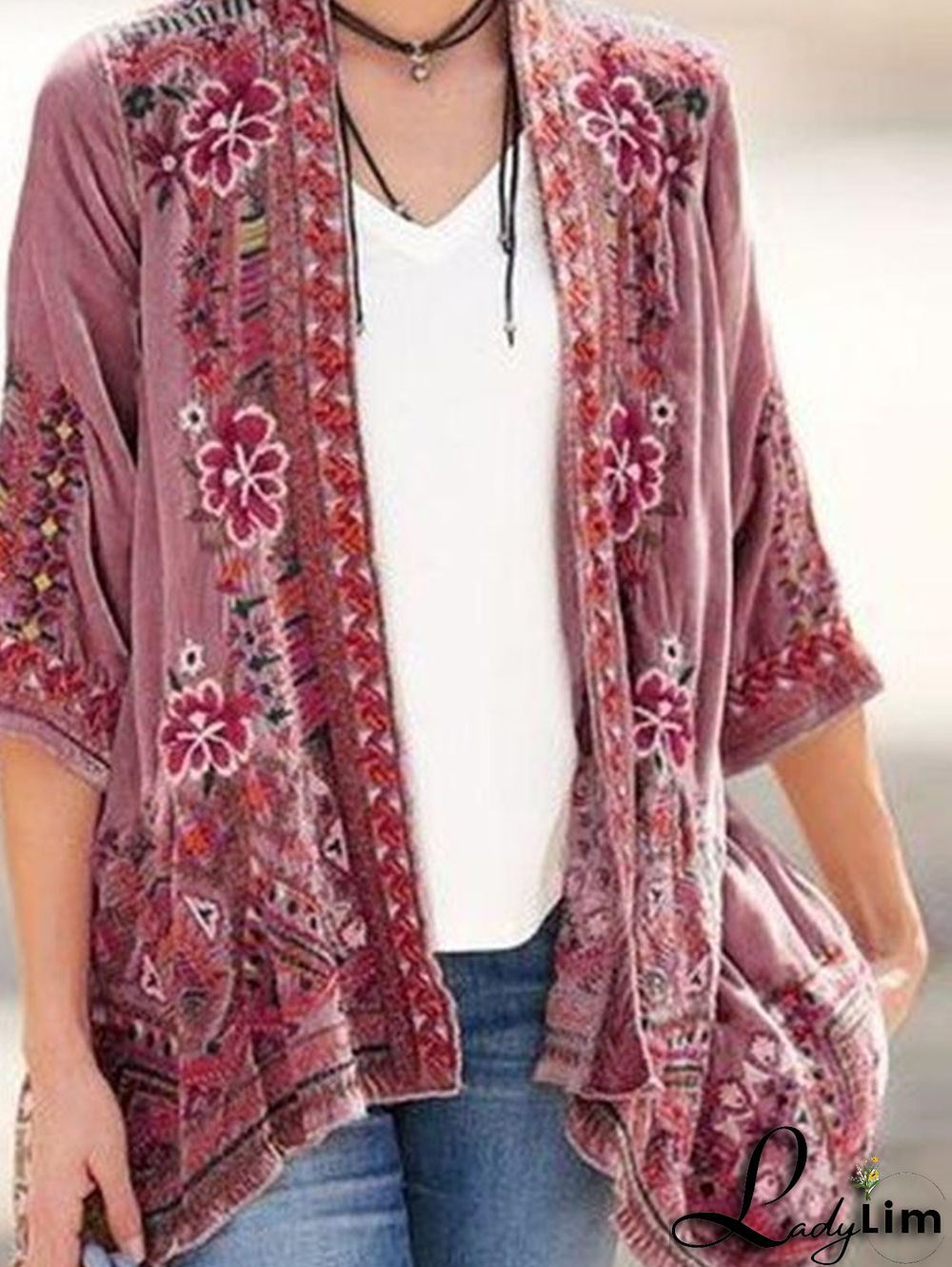 Ethnic Floral Half Sleeve Curve Hem Velvet Cardigan