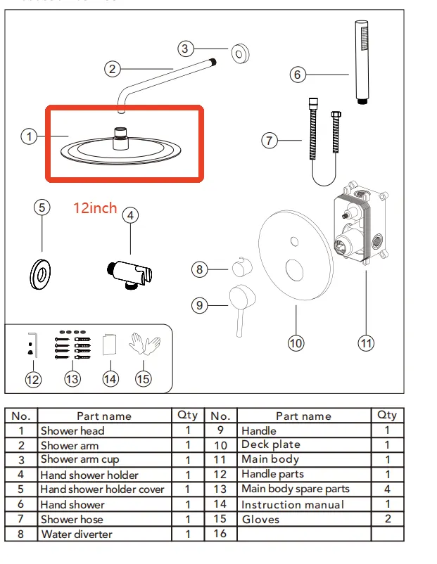 Accessory: one 12‑inch shower head+200 mm ceiling shower arm for M6610GNI-10BL