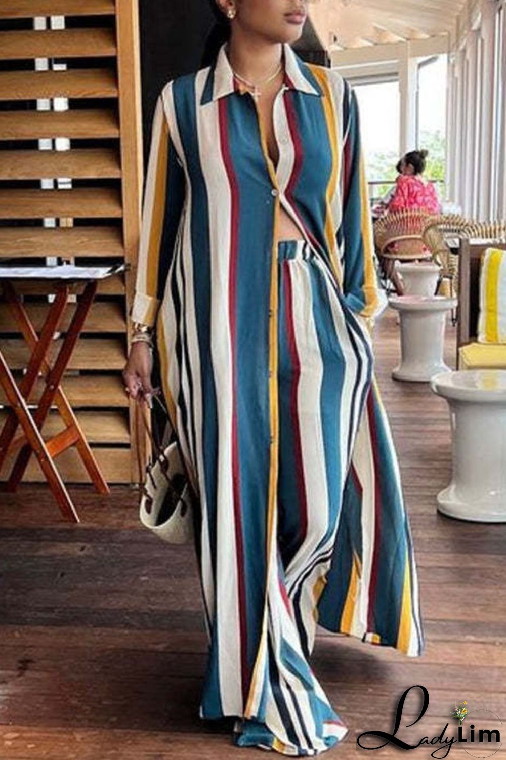 Sky Blue Casual Striped Print Patchwork Buckle Turndown Collar Long Sleeve Two Pieces