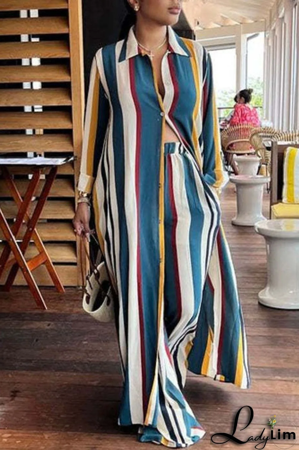 Sky Blue Casual Striped Print Patchwork Buckle Turndown Collar Long Sleeve Two Pieces