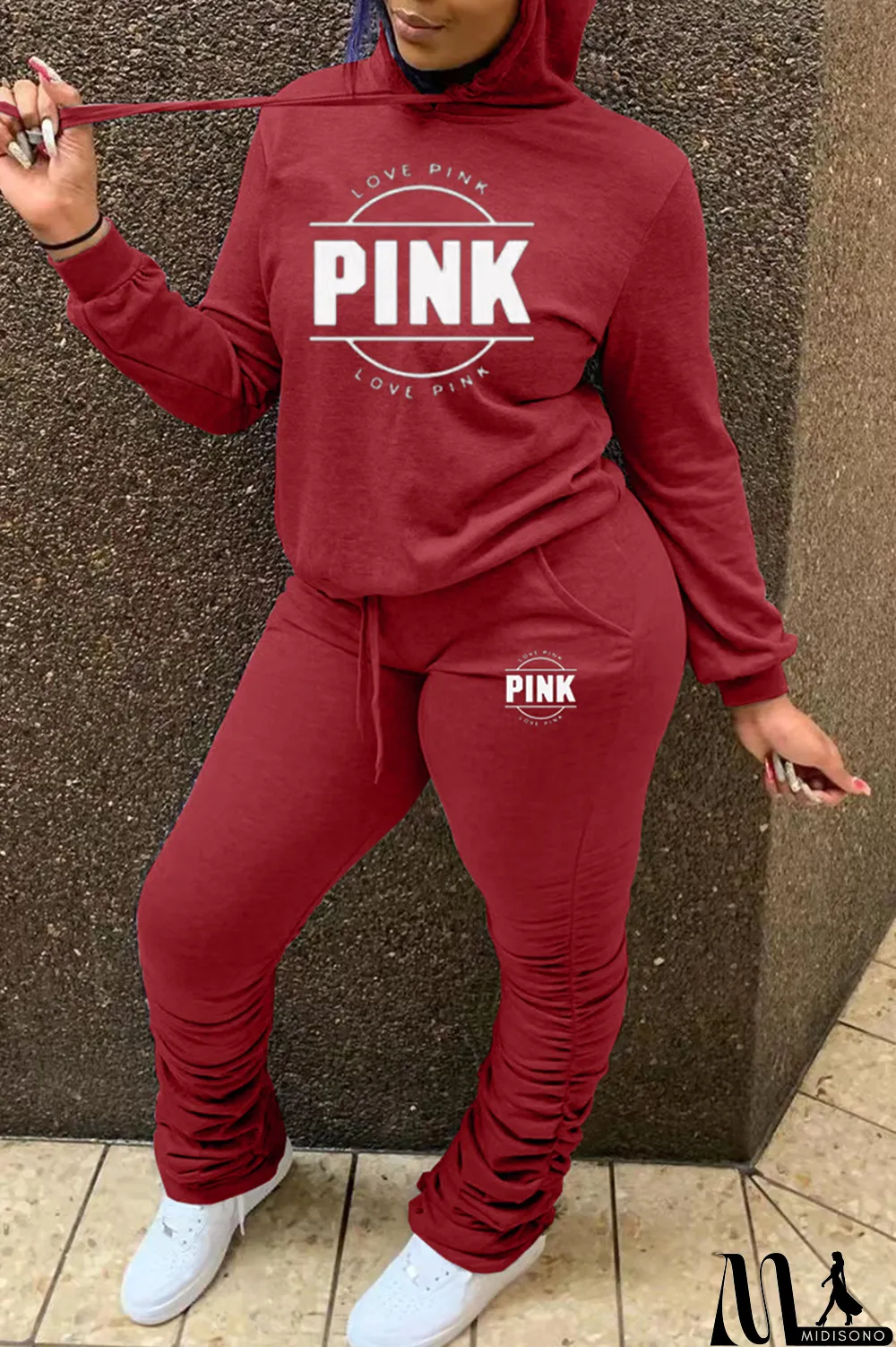 MidiSono - Red Fashion Casual Letter Print Fold Hooded Collar Long Sleeve Two Pieces