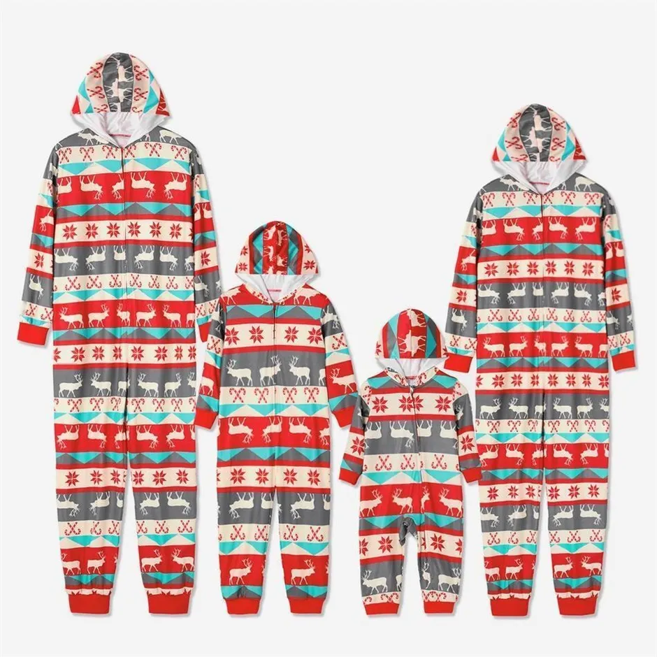 Christmas Reindeer and Snowflake Patterned Hooded Family Matching Onesie Pajamas