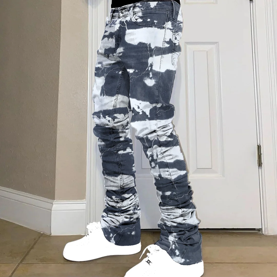 Washed tie-dye printed men's hip-hop straight denim trousers
