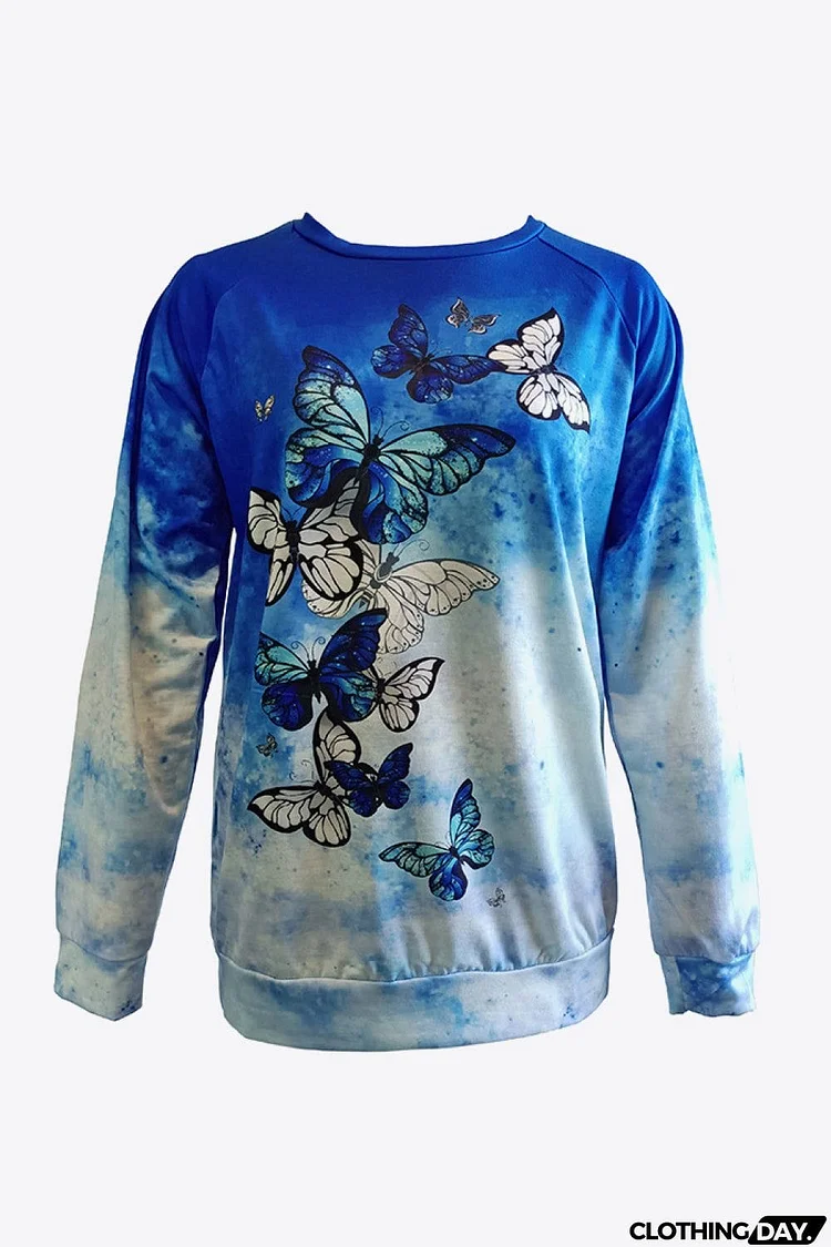 Tie-Dye Butterfly Graphic Raglan Sleeve Sweatshirt