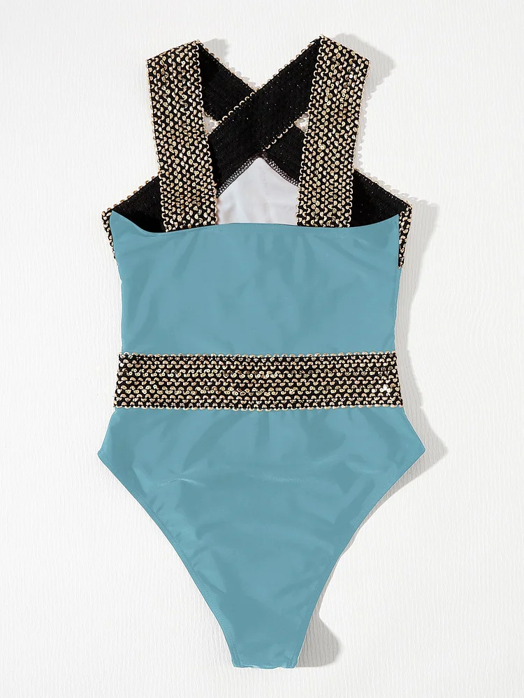Women's Sequined Cross Neck Sexy One Piece Bikini