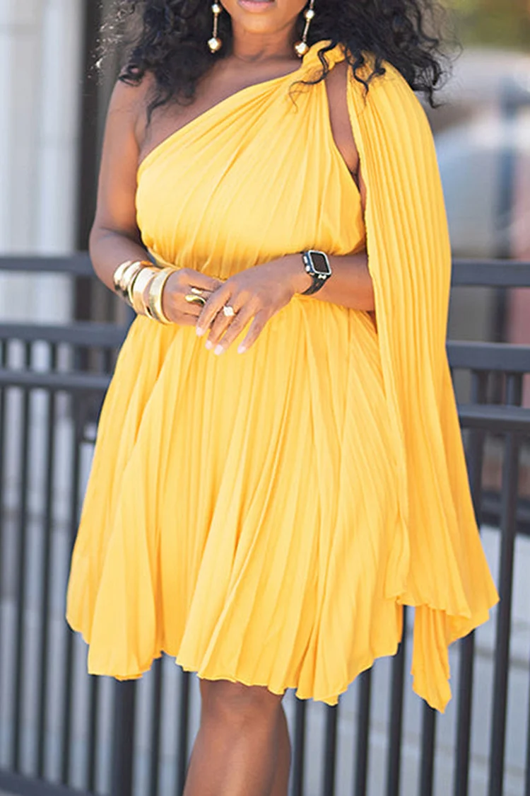 Plus Size Vacation Yellow Casual One Shoulder Pleated Mini Dresses [Pre-Order] 2024 - Xpluswear