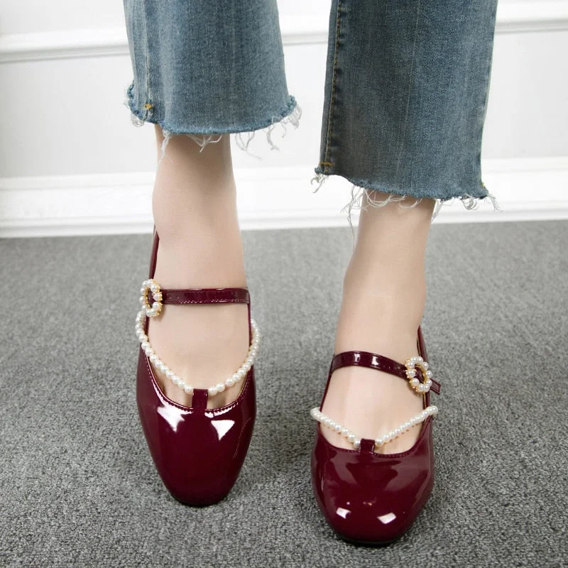 Elegant Thick Heels Mary Jane Shoes For Women 2022 Spring Patent Leather Pumps Pearl Ankle Strap Party Dress Shoes Woman
