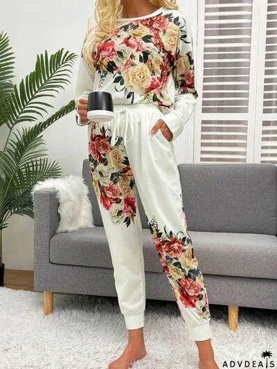 Printed Round Neck Top and Drawstring Pants Lounge Set