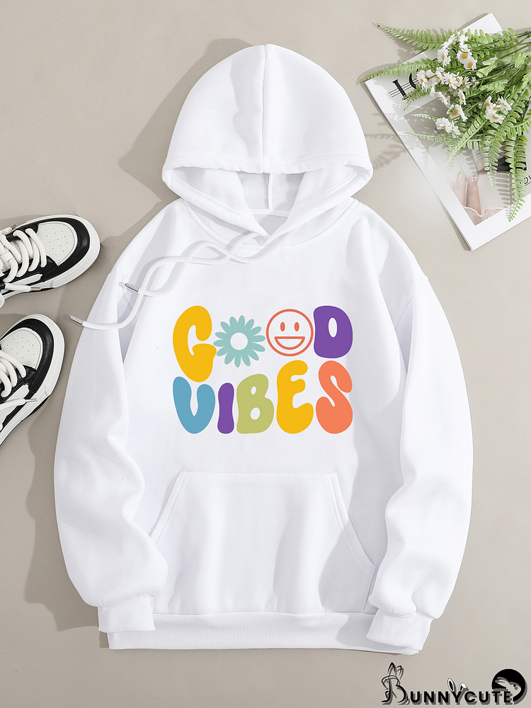 Printed on front Kangaroo Pocket Hoodie Long Sleeve for Women Pattern Good Vibes