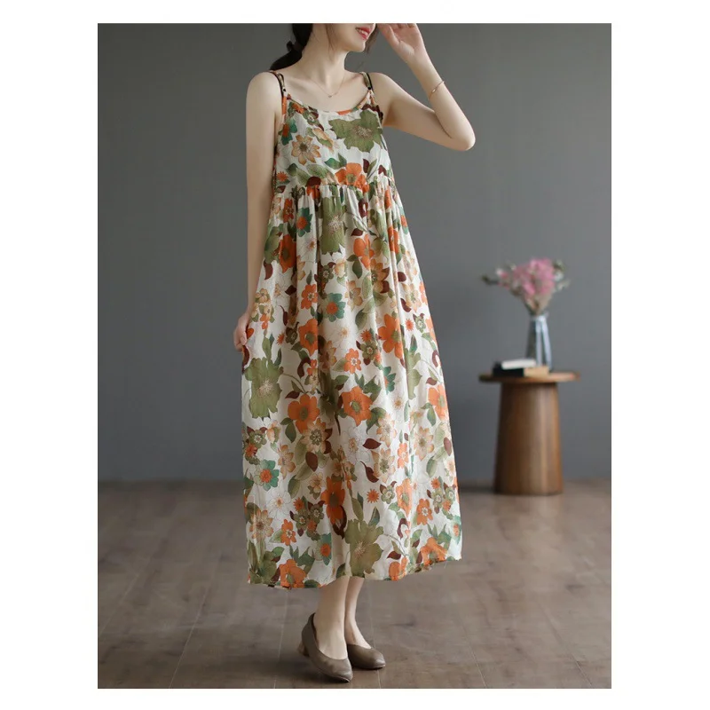 Uveng Uveng New Color Sling Dress Summer Vintage Fade Age Reduction Holiday Dress Long Show Thin Dress