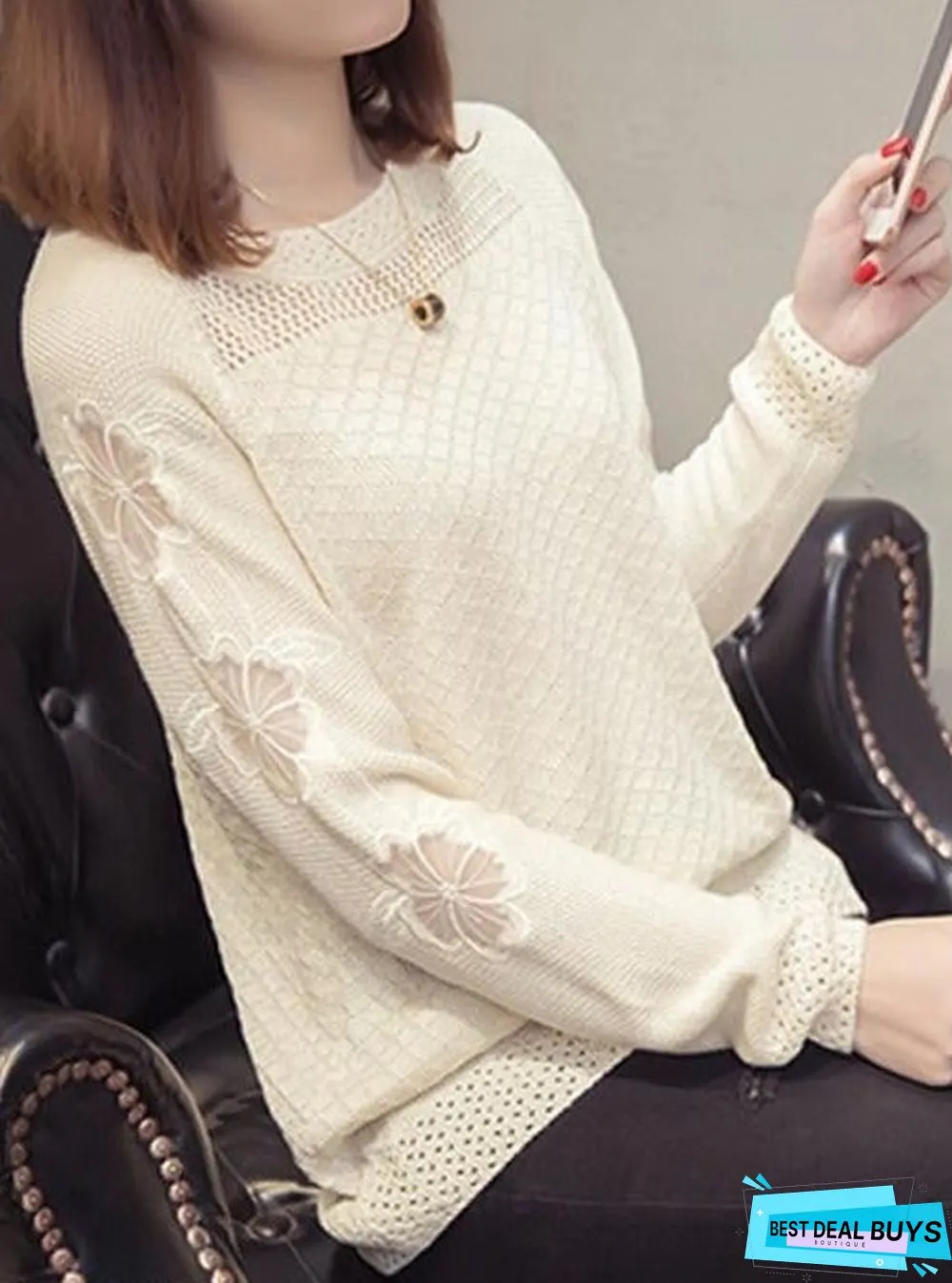 Round Neck Patchwork Elegant Plain Long Sleeve Knit Pullover