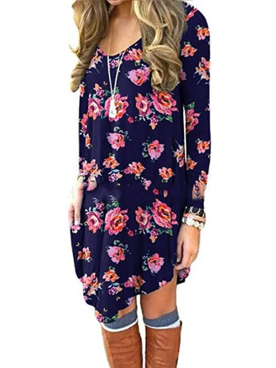 Long Sleeve Casual Loose Print Dress