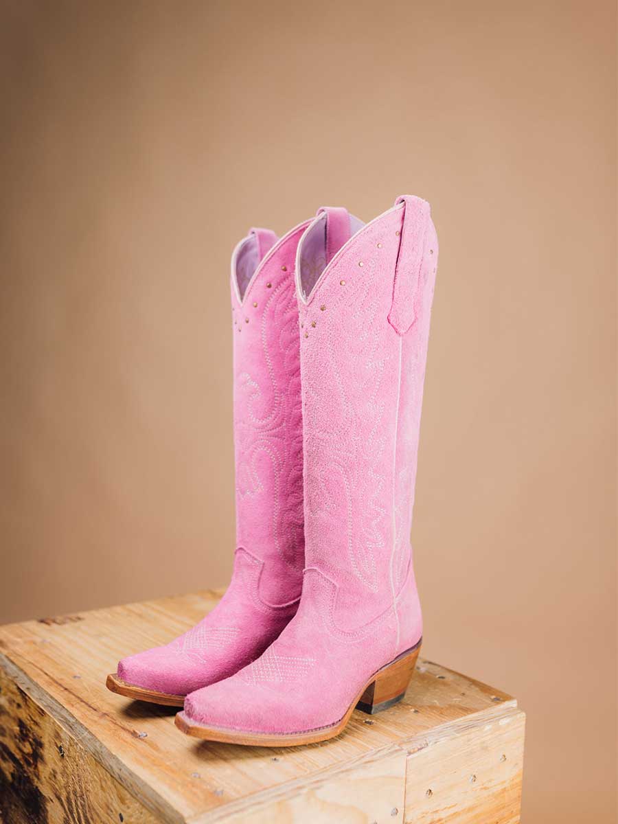 Pink Faux Suede Partial-Zip Embroidered Studded Over-the-knee Cowgirl Boots 