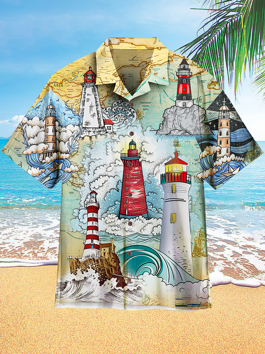 Vintage Lighthouse Hawaiian Print Men's Short Sleeve Cuban Collar Shirt PLUSCLOTHESMAN