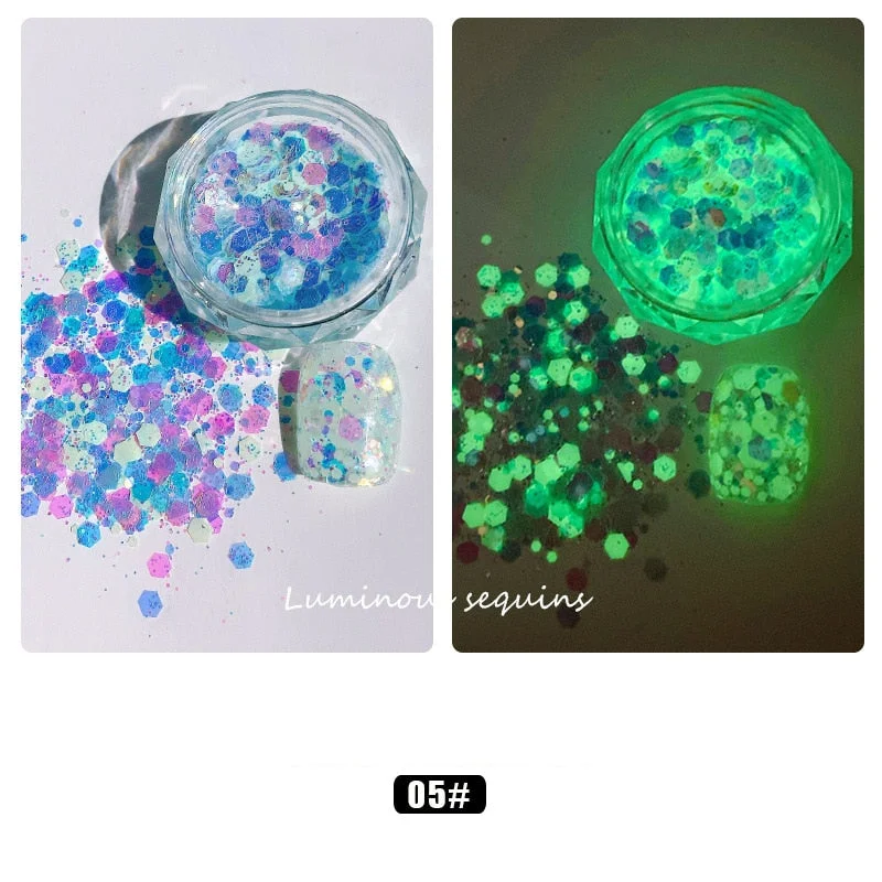 1 Box Luminous Nail Glitter Neon Hexagon Fluorescent Flake Glow in the Dark Sequin Nails Art Decorations Manicure Accessories-Nail Inspo