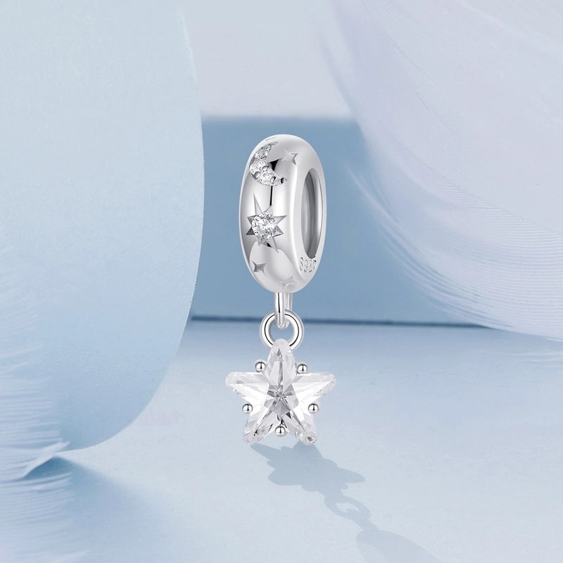 Aifule Simple Star Five-Pointed Star Silicone Spacer Beads S925 Sterling Silver White Gold Plated DIY Bead String Jewelry Beads