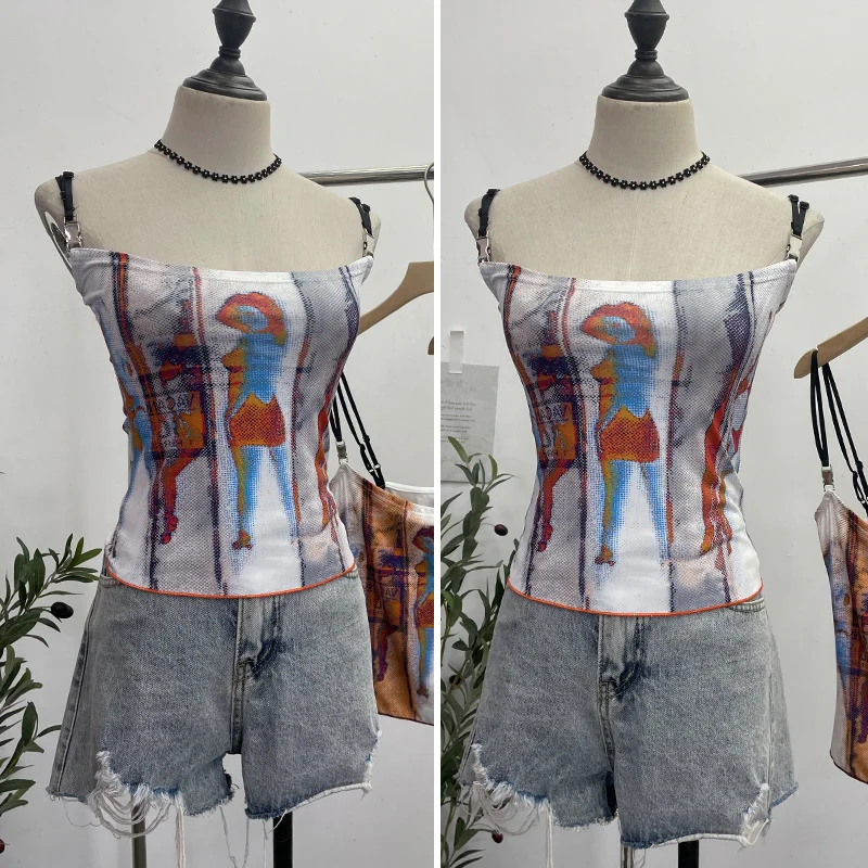 Uveng Sexy Hottie Shoulder Strap Small Print Slimming Sling Vest Short Sleeveless Top 8830