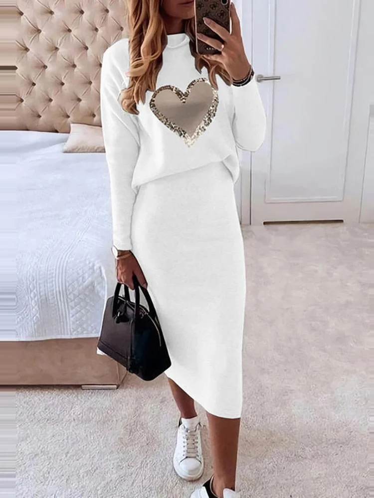 Women Elegant Two Piece Set Skirts Sets Autumn Casual O Neck Printing Long-sleeved Pullover Sweatshirt and Bodycon Skirt Outfits