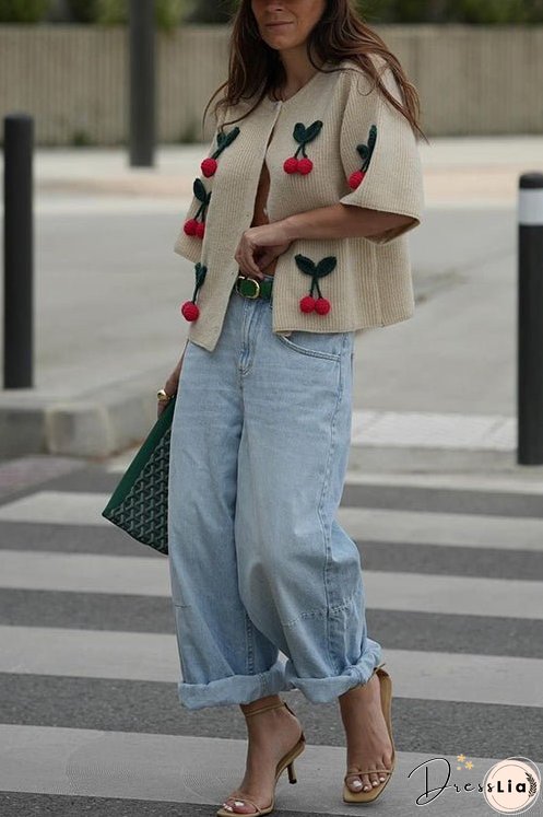 Meridress Short Sleeves Button Up Cherry Decorative Knit Sweater