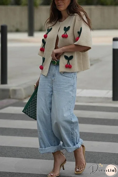 Meridress Short Sleeves Button Up Cherry Decorative Knit Sweater