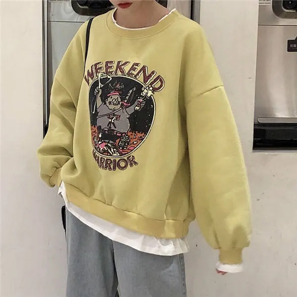 Women No Hat Hoodies Pullover Fake Two Pieces Plus Velvet Thicker Sweatshirts Printed Streetwear Harajuku Casual Loose Stylish