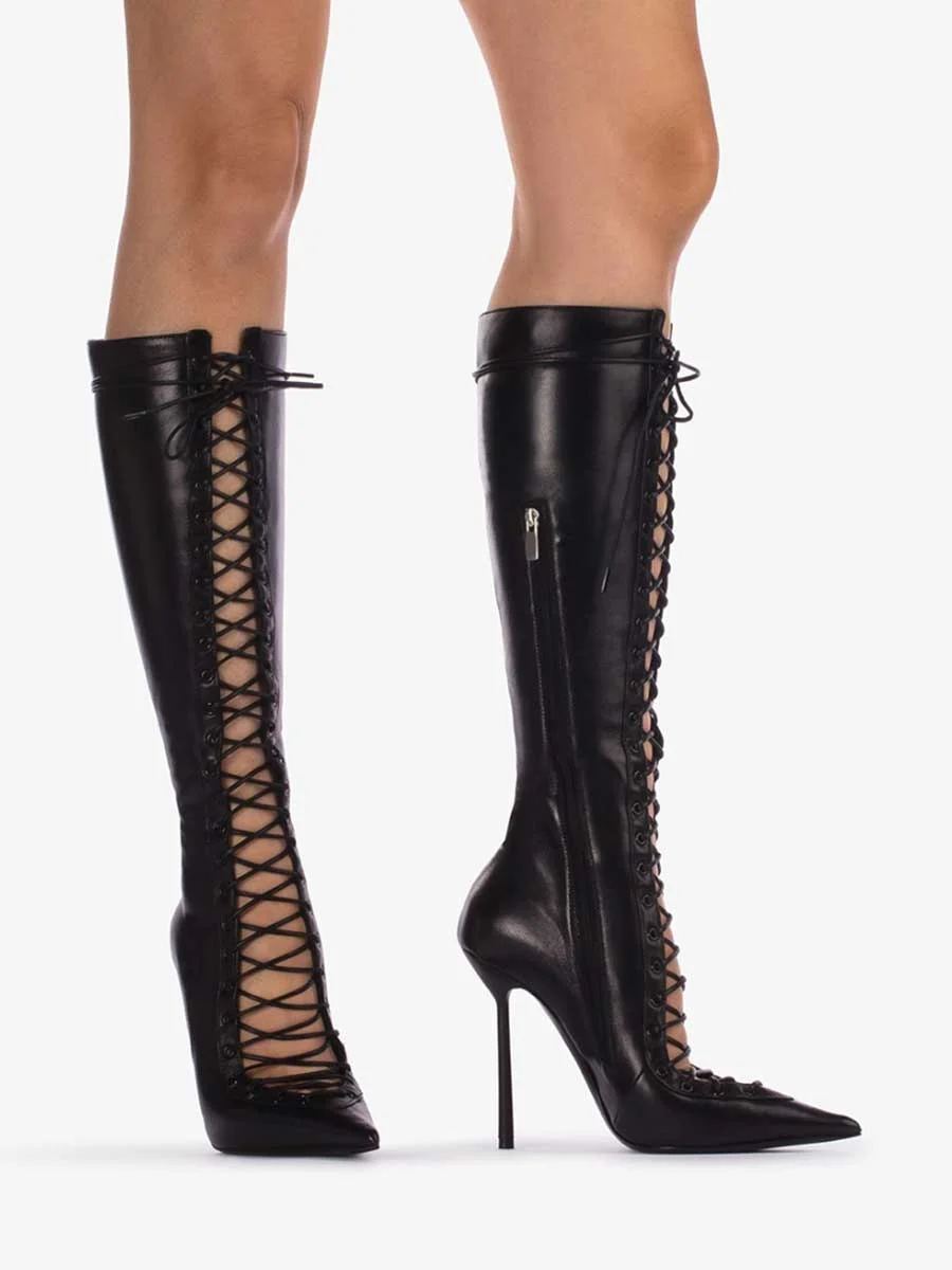 Black Pointed Toe Cut Out Knee Lace Up Boots with Stiletto Heels