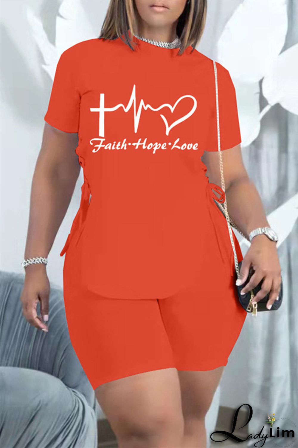 Khaki Fashion Casual Print Bandage Slit O Neck Short Sleeve Two Pieces