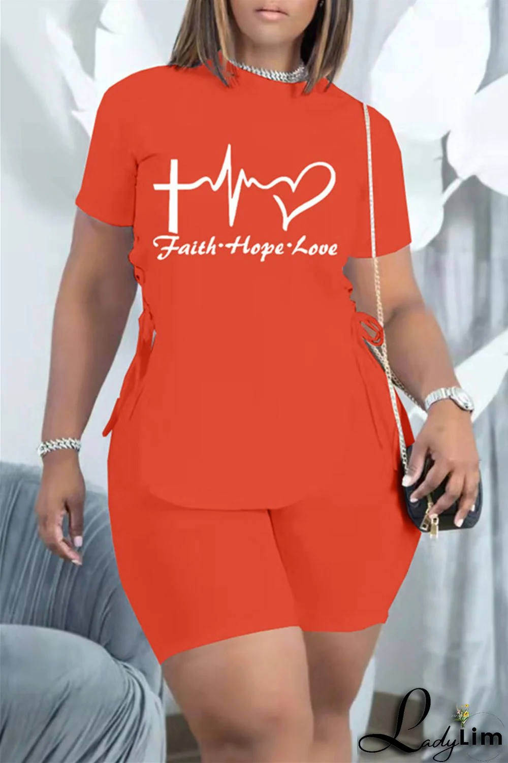 Khaki Fashion Casual Print Bandage Slit O Neck Short Sleeve Two Pieces