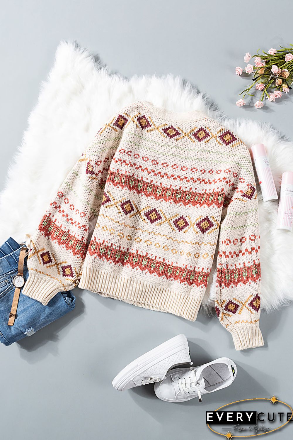 Multicolor Tribal Pattern V Neck Button Front Cardigan