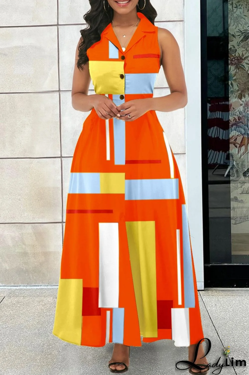 Orange Red Casual Print Patchwork Turndown Collar Long Dress Dresses