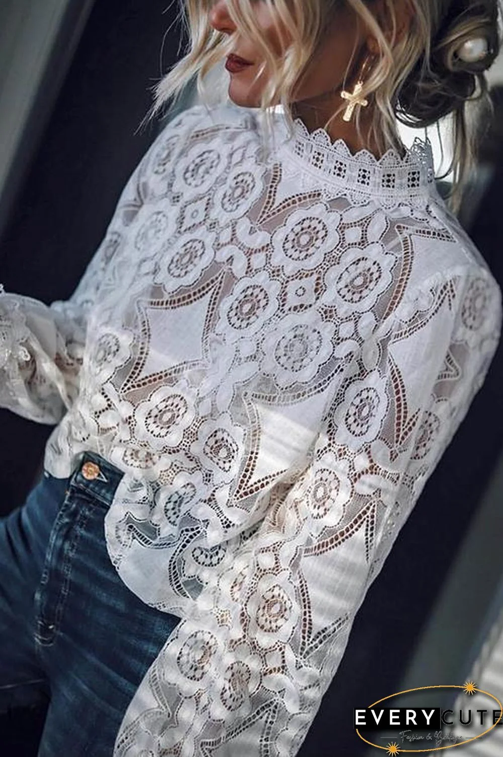 Lace Hollow Puff Sleeve T Shirt