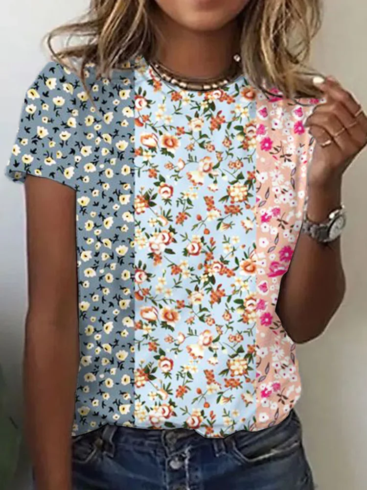 Color Blocking Flowers Print Short Sleeve T Shirt