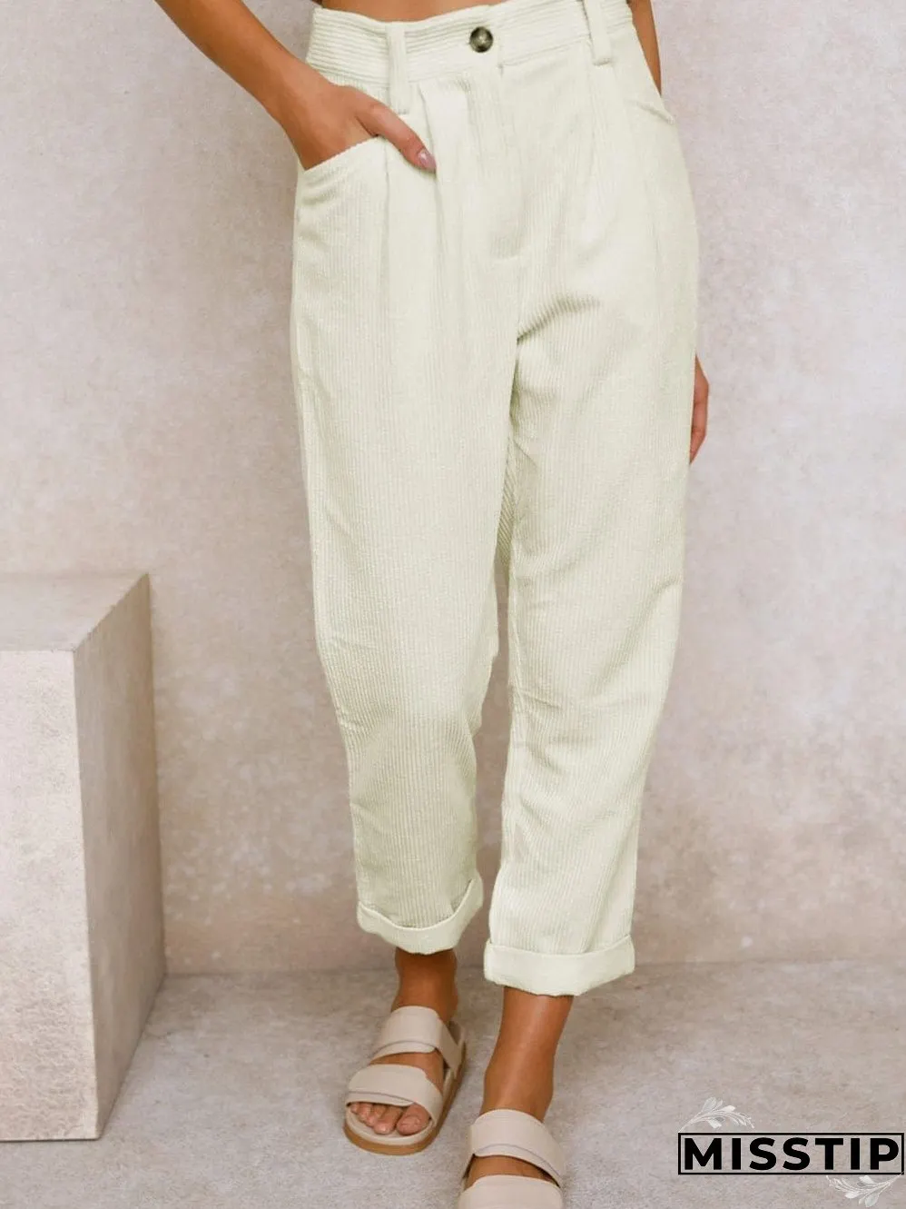 Beige Corduroy High Waist Trousers for Winter Casual Wear