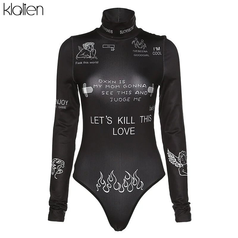 KLALIEN Fashion Print Letter Skinny Casual Turtleneck Long Sleeve Spring Bodysuit Women Simple Basic Wild Female Bodysuit