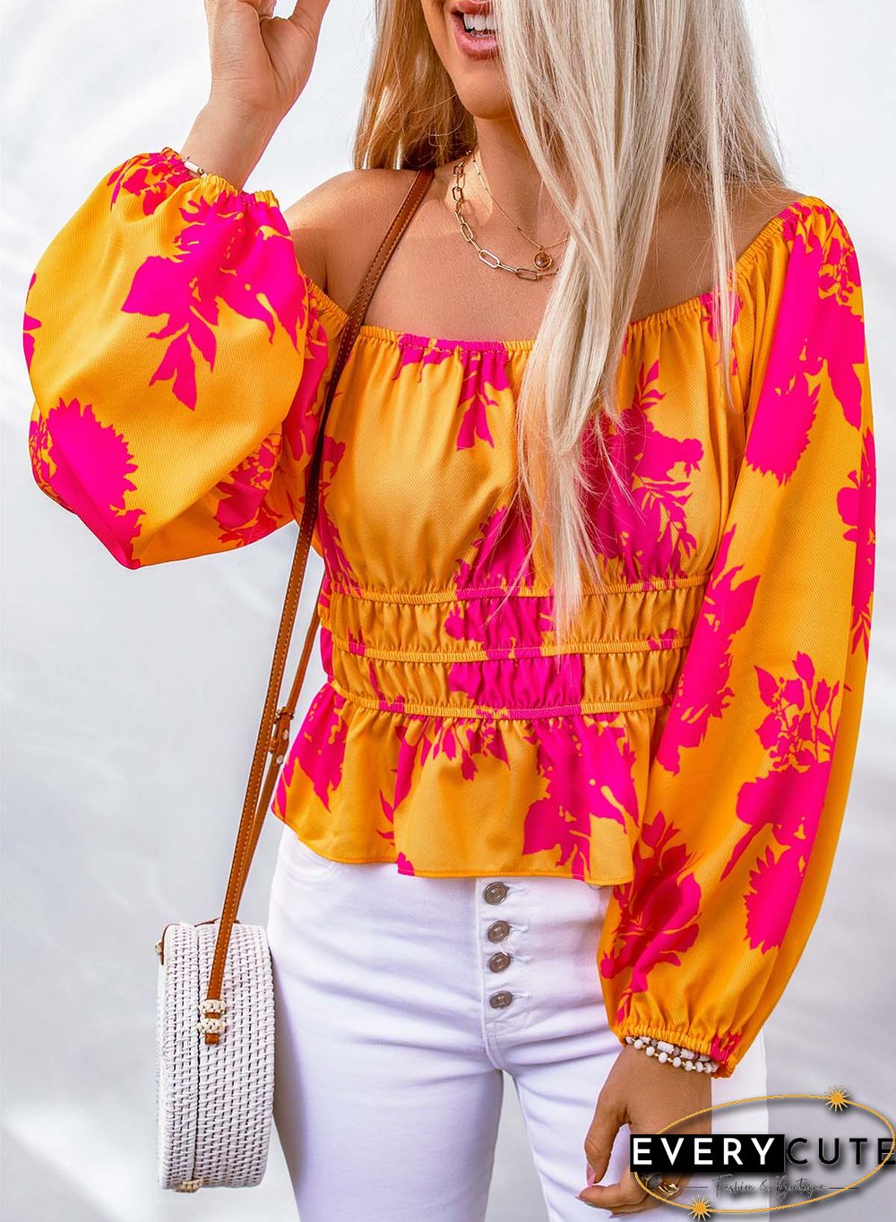 Yellow Floral Print Off Shoulder Puff Sleeve Blouse