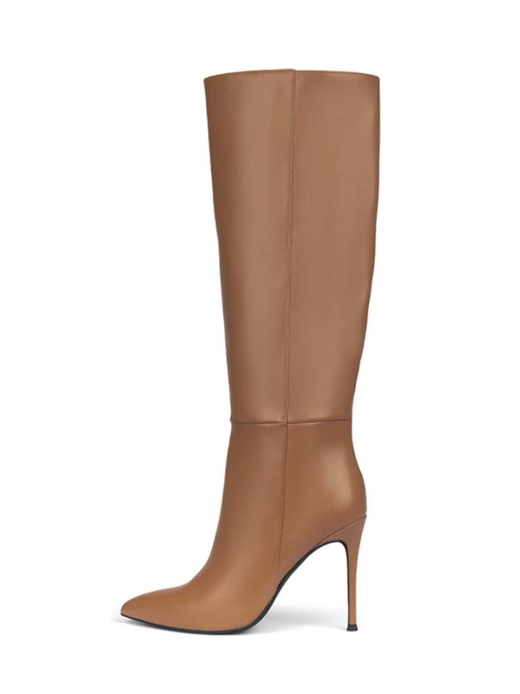 Classic Solid Mid-Calf Pointed-Toe Stiletto Heel Boots