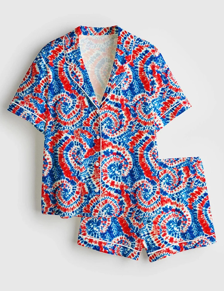 Women&rsquo;s Fourth Of July Red White Blue USA Flag America Tie Dye Short Sleeve Satin Pajama Set