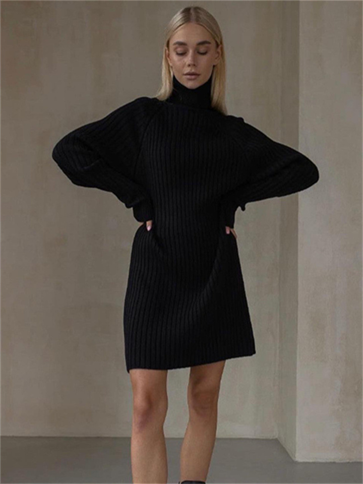 Long-sleeved High-neck Sweater Dress Women's Casual Loose Thickened Pit Stripes Solid Color Package Hip Autumn and Winter Knitted Dresses