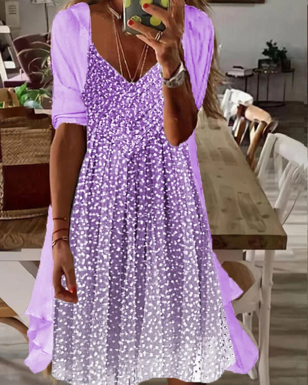 Fake Two Piece Waisted Round Neck Chiffon Coat Dress