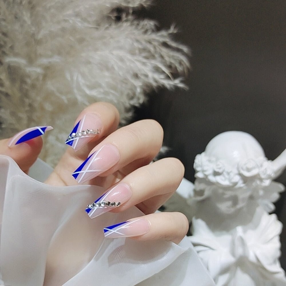 24pcs Artificial nails Blue Striped Rhinestone False Nails Full Cover Nail Tips Press On Nails French Ballerina Fake Nails