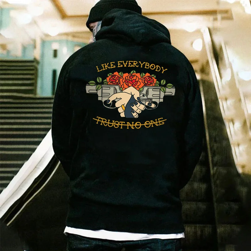 LIKE EVERYBODY TRUST NO ONE Rose and Gun Black Print Hoodie