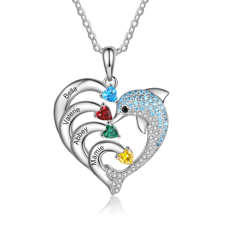 Personalized Heart Dolphin Necklace Custom 8 Birthstones Necklace for Her