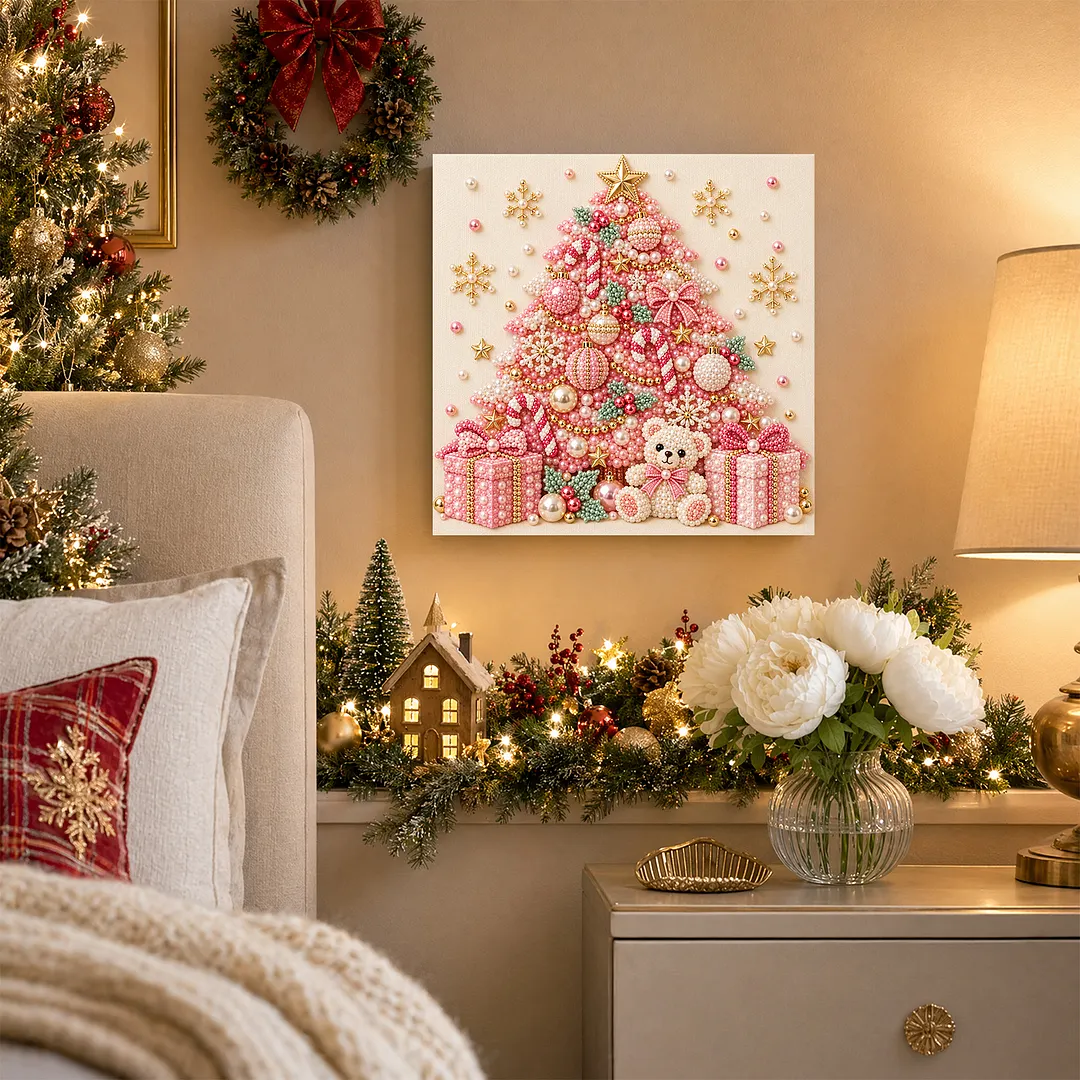 Framed Pearl Painting Kit Pink Christmas Tree 7.87x7.87in