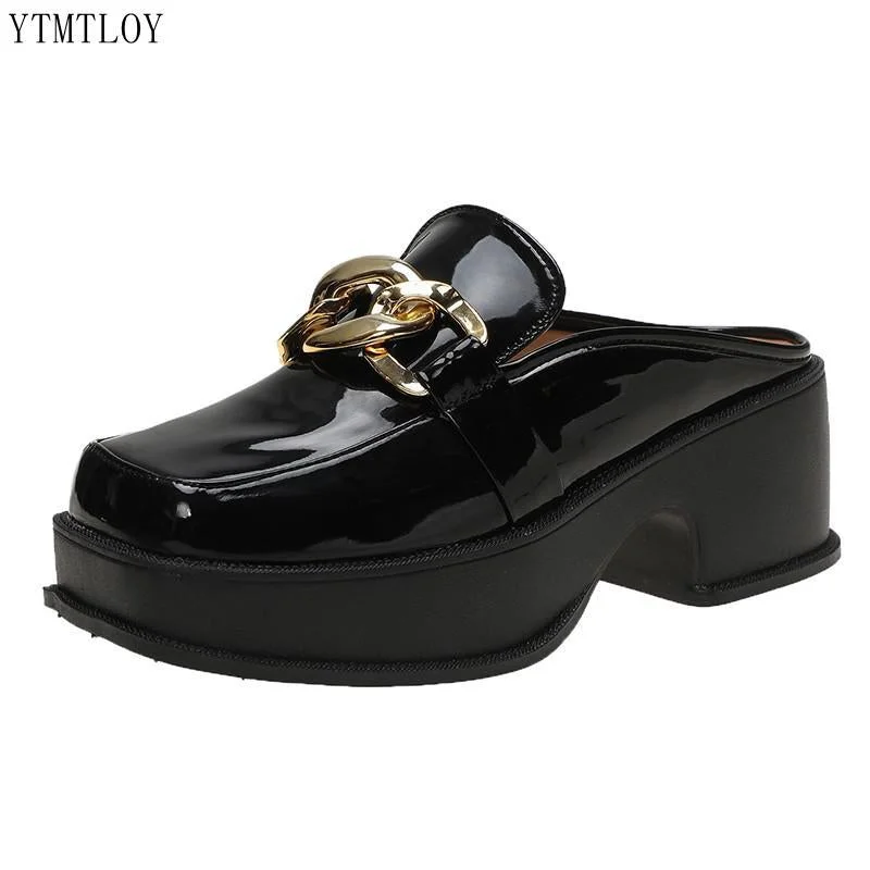 Women's Shoes Slippers Spring 2021 New Fashion Metal Decorative Round Toe Mules Ytmtloy Indoor Zapatillas Mujer Casa