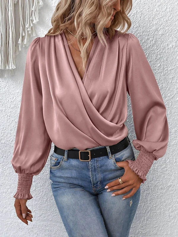 Solid Color Elasticity Loose Long Sleeves V-Neck Blouses&Shirts Tops