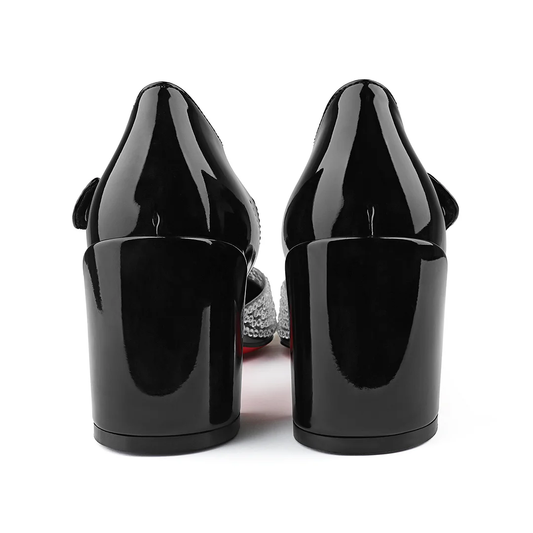 55mm Women's Round Toe Rhinestone Chunky High Heels Mary Jane Red Bottom Shoes-MERUMOTE